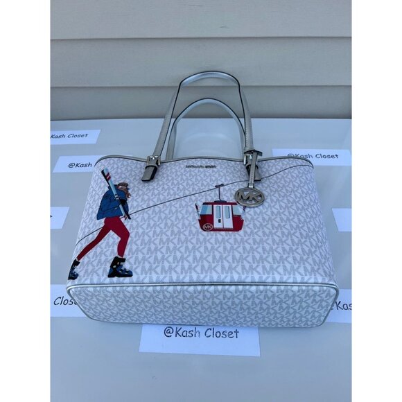 Michael Kors tote carryall jet set medium MK girl print purse bright white multi - Picture 6 of 9